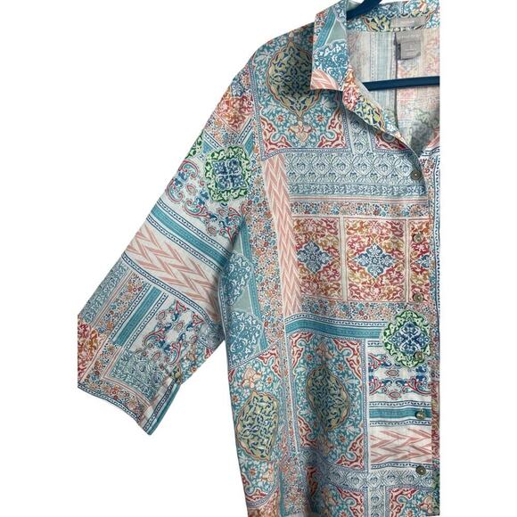 Chico’s Linen Mosaic Print Button Down Top Size 3 (XL) Pastel Blue Multi Boho - Picture 4 of 11